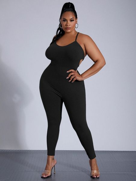 

sxy plus solid crisscross tie back jumpsuit i9bu#, Black