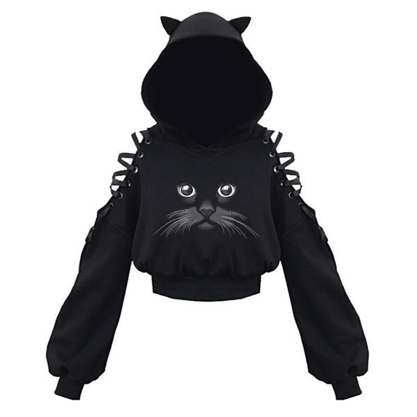 

multiple styles lovely cat print hoodies women's cat ear hoodie pullover long sleeve hooded sweatshirt cute blouse koszula, Black