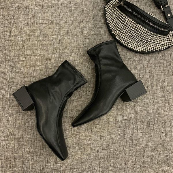 

monmoira strange wood heel stretch pu sock boots women vintage square toe ankle boots for women solid winter shoes, Black