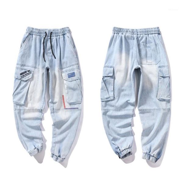 

fashion men baggy jeans light blue loose fit multi pockets hip hop joggers pants harem jeans man embroidery designer cargo pants1