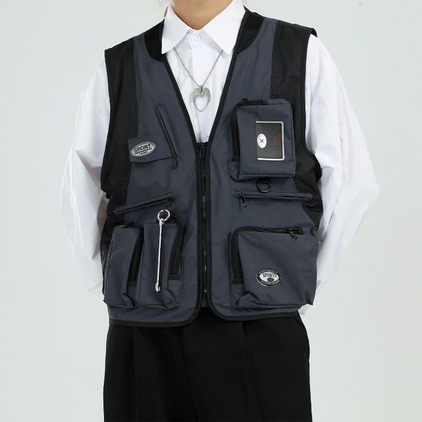 

men retro multi pocket tactics tooling vest jacket male streetwear fashion hip hop waistcoat coat outerwear, Black;white