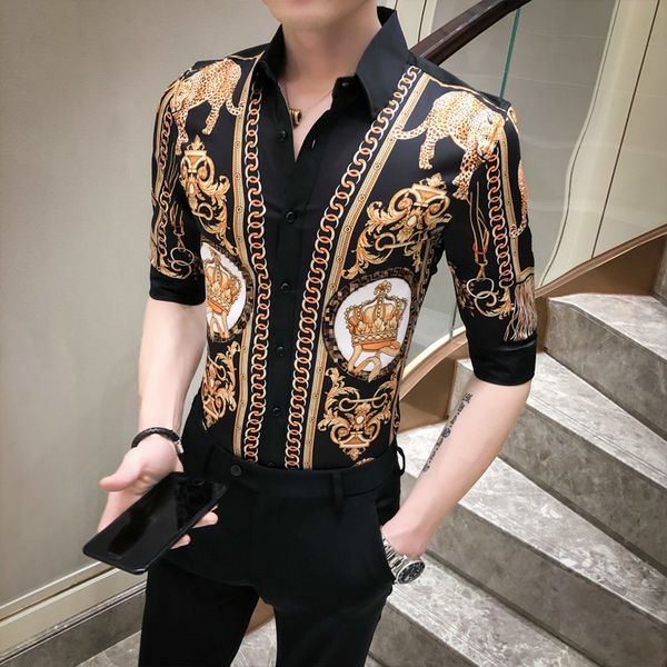 

brand luxury print men shirt streetwear social short sleeve slim fit dress shirts camisa masculina nightclub party tuxedo blusa 1021, White;black