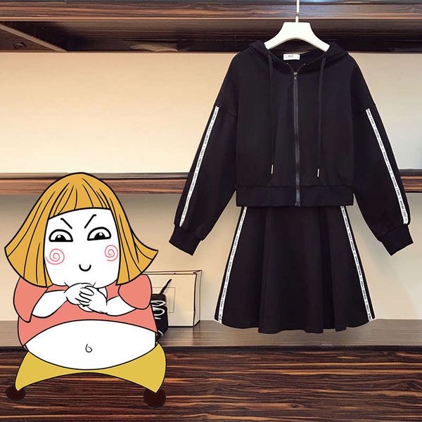 

large women's clothing autumn 2020 new foreign style thin sweater skirt sister fat mm two piece set, Black