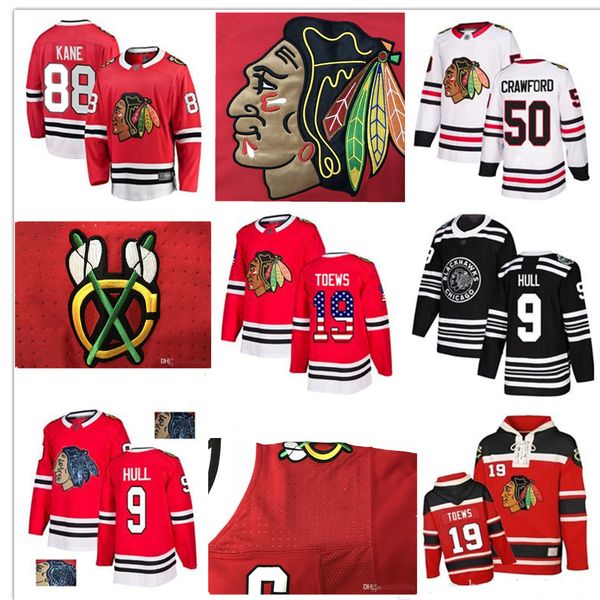 

custom chicago blackhawks jersey 88 patrick kane 9 bobby hull 19 jonathan toews 50 crawford12 debrincat 64 keith usa flag hockey jerseys, Black