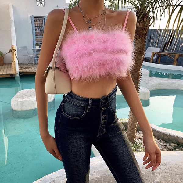

2020 long hair pink halter vest, White