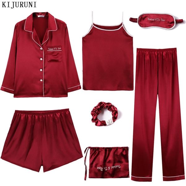 Pigiama femminile a maniche lunghe da donna 7 pezzi Pigiama rosso Set Lingerie sexy in raso di seta Abbigliamento da casa Pigiama da notte Set da donna Pijama 201027