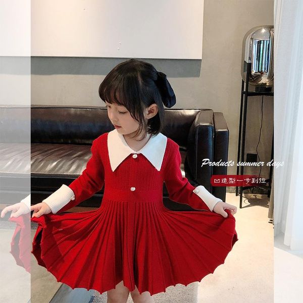 

toddler girls autumn long sleeve dresses new chidlren pleated dress for kids black /red color girls aline princess dress clothes, Red;yellow