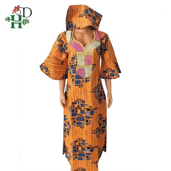 

h&d african print wax dresses women cotton boubou femme traditional maxi dress with headtie robe africaine hippie 2020 s891, Red