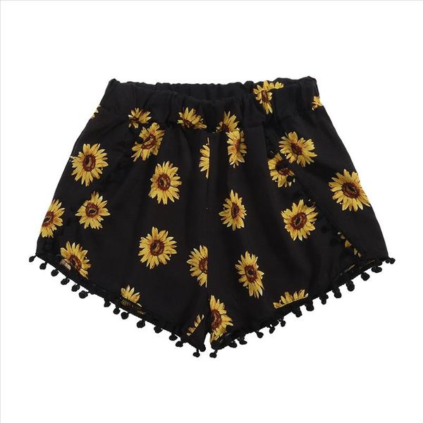 

2021 new summer women shorts korea casual pocket elastic waist ball tassel sunflower print for beach home 905113, White;black