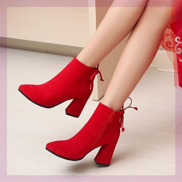 

woman flat boots winter footwear boots-women shoes round toe low 2020 high heel mid-calf mid calf rubber red ladies solid, Black