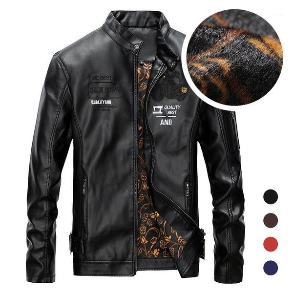 

men trendy fashion embroidery jacket 2020 men's plus velvet warm bomber leather jacket male vintage slim pu motorcycle outwear1, Black