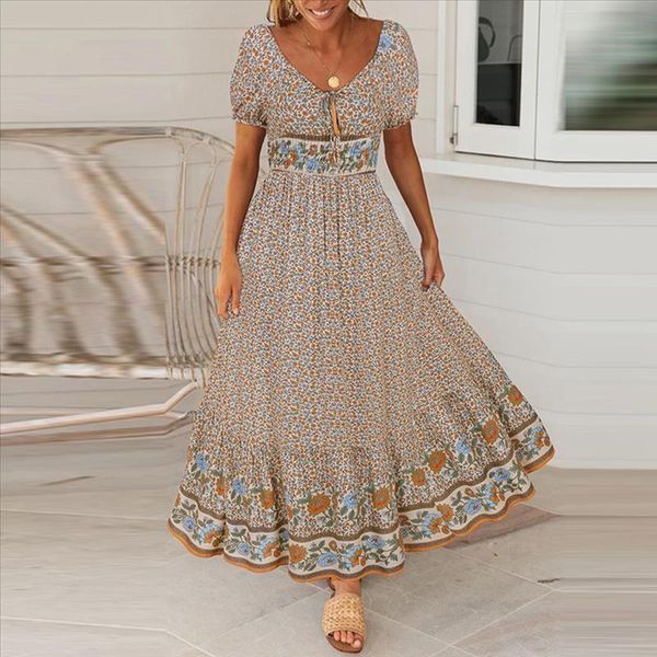 

2020 летний женщин вскользь платье v шеи шифон платье дамы цветочные печати платье пляж длинным рукавом midi vestidos h3, Black;gray