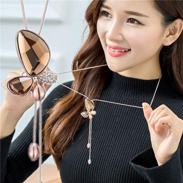 

daily korean crystal butterfly decorative necklace female long style autumn pendant simple pearl sweater chain accessories, Silver