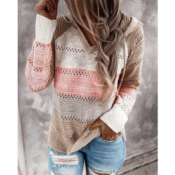 

women's sweaters fall winter women patchwork hooded long sleeve v-neck slim pullover jumper female casual knit plus size, White;black