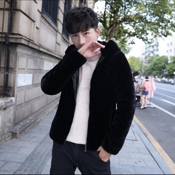 

coat men 2020 winter rex hooded manteau hiver plus size warm fur outerwear faux fur jacket xl749, Black