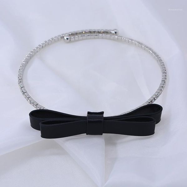 

new style choker hide substance leather bow neck ring women's europe online crystals adjustable collar necklace 6881, Golden;silver