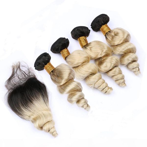 

#1b 613 blonde ombre loose wave human hair 4bundles with closure peruvian virgin human hair ombre blonde weaves with 4x4 lace closure, Black;brown