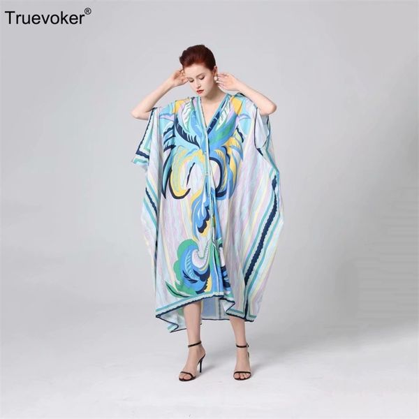 

truevoker summer designer vestidos women's batwing sleeve abstact printed holiday beach loose long dresses y200805, Black;pink