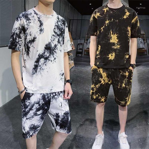 

2020 new summer fashion casual cotton tie-dye printed loose t-shirt and shorts casual men track suit1, Gray