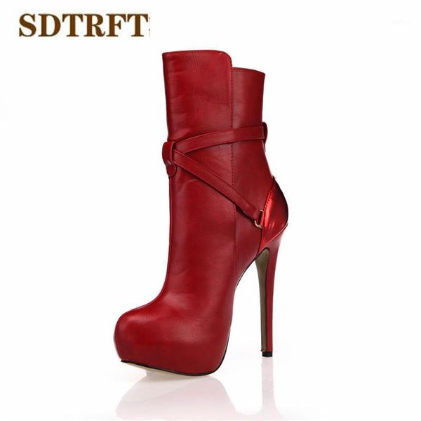 

sdtrft spring autumn platforms stilettos 14cm thin heels ankle boots red buckle wedding shoes woman botas round toe pumps1, Black