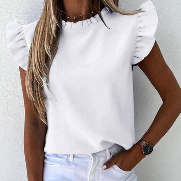 

women shirt summer fashion o neck elegant solid blouse butterfly sleeve shirts office ruffle casual ladies plus size 20211, White