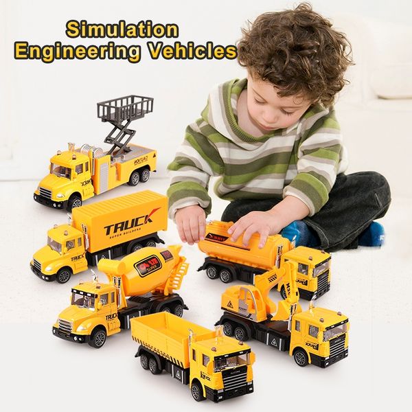 

6 pcs/set pull back inertial glide truck engineering car model diecast vehicle construction carrier toy car for boys kidsq1221 q0112