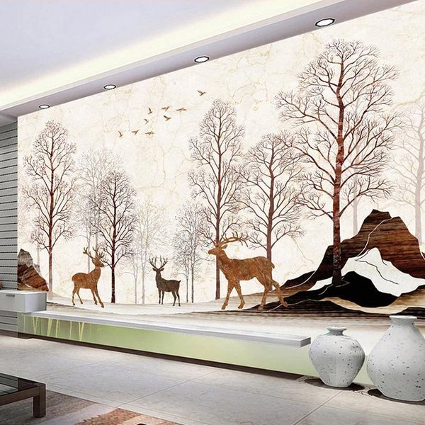 

custom p wallpaper waterproof marble pattern elk forest mural modern living room sofa tv background wall papers home decor1