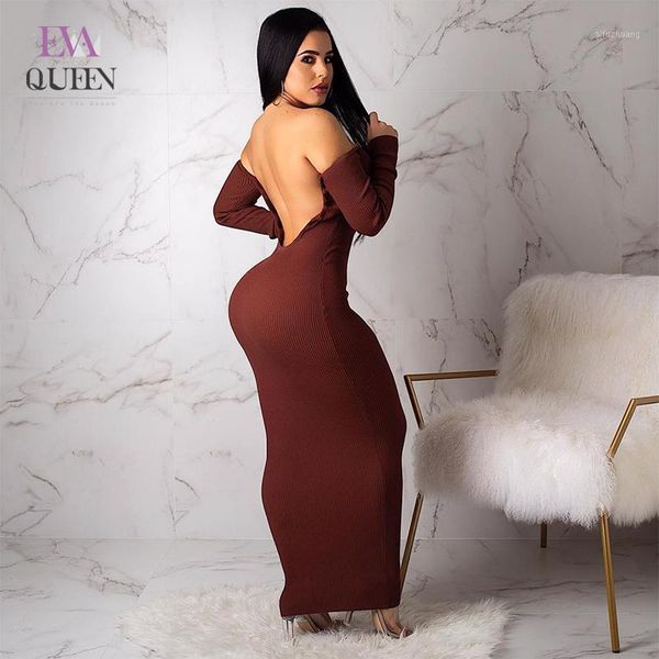 

evaqueen off shoulder knitted dress backless fashion long sleeve women dresses 2020 spring summer casual sweater dress1, Black;gray