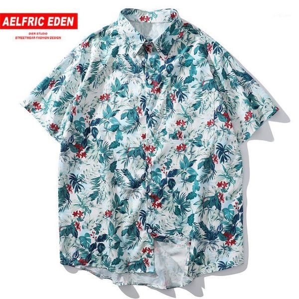 

aelfric eden hawaii hip hop beach men shirts summer streetwear plant print casual short sleeve 2020 harajuku loose white1, White;black
