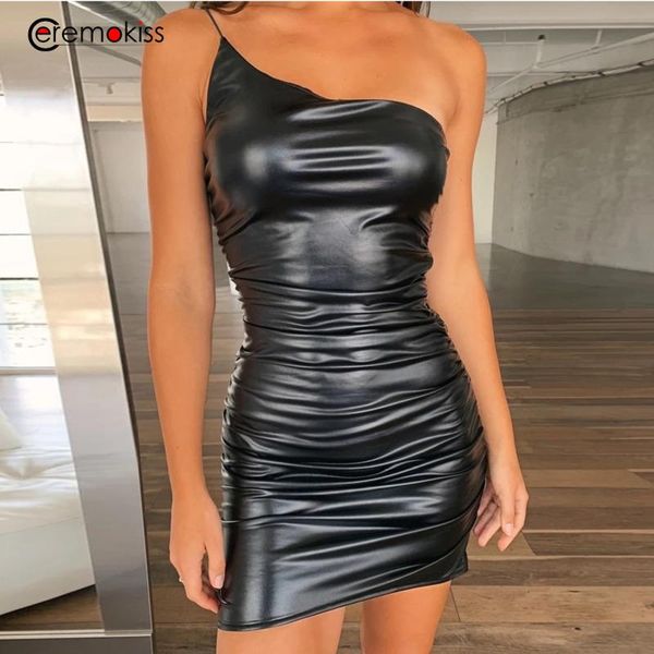 

ceremokiss pu leather mini dress spaghetti strap black bodycon dresses female one shoulder night club party vestidos 2020, Black;gray