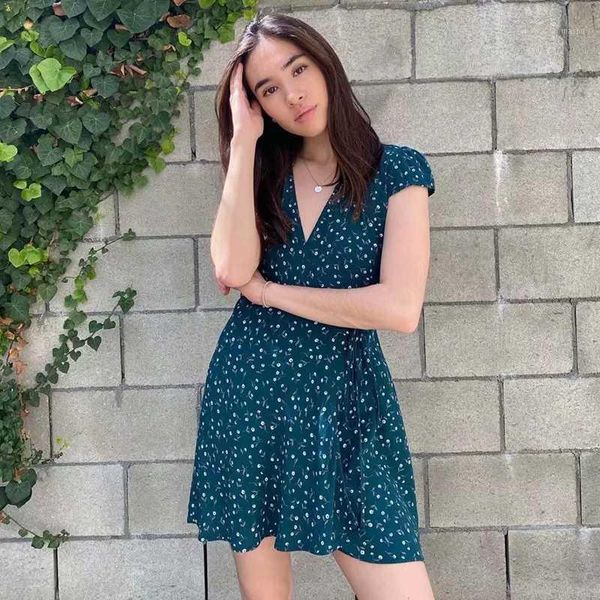 

summer mini wrap dress women boho polka dot floral short beach dress v-neck a-line sundress white black green casual1, Black;gray