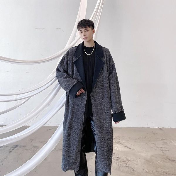 

men's wool & blends autumn winter male streetwear broken edge cardigan jacket overcoat men vintage casual loose long trench coat outerw, Black
