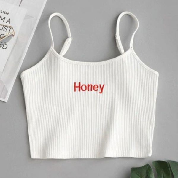 

women strap crop ribbed knit stretch camisole honey letters embroidery mini vest festival party clubwear xs s, White