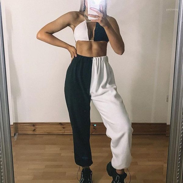 

2020 women clothes fashion black white patchwork pant casual sport trousers high waist vintage sweatpants streetwear p90641