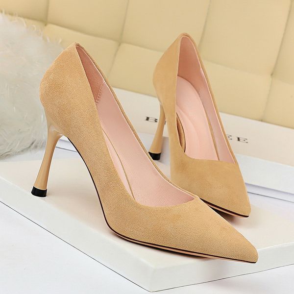 

women 8.5cm high heels suede pumps lady scarpins talons fashion flock heels pointed toe blue nude yellow office shoesmultifunction, Black
