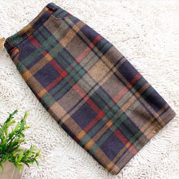 

plus size 3xl vintage plaid skirt women elegant package hip slim winter knee length skirts warm woolen skirt office lady, Black