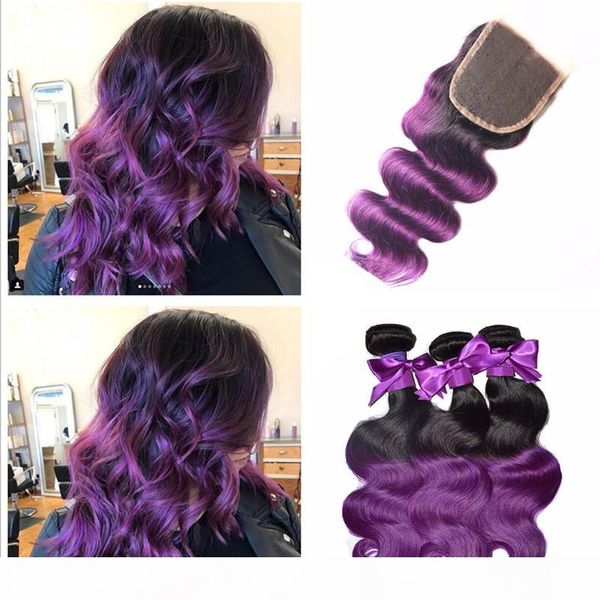

8a malaysian purple ombre lace closure with bundles two tone #1b purple human hair with closure cosplay purple dark roots bundles, Black;brown