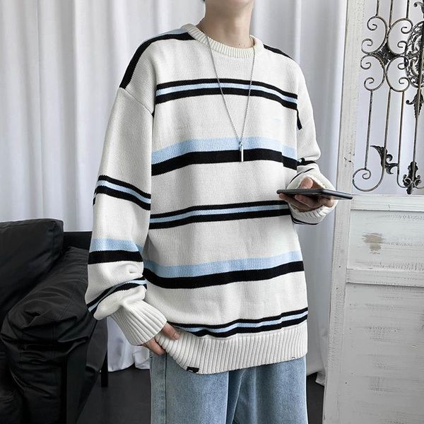 

striped sweater in autumn and winter men's round neck pullover, White;black