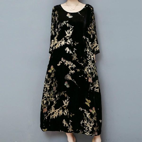 

cropped sleeve round neck long dress gold velvet loose skirt sizexxl, Black;pink