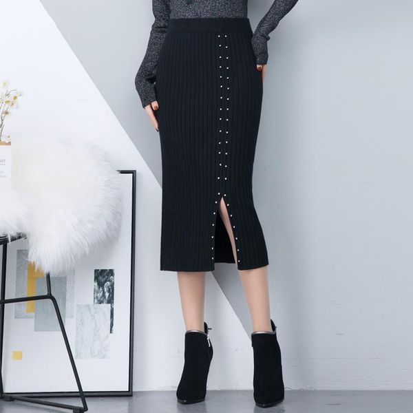 

2020 women office skirt and warm in autumn knitted fabric slim black midi skirt korean version brand clothes