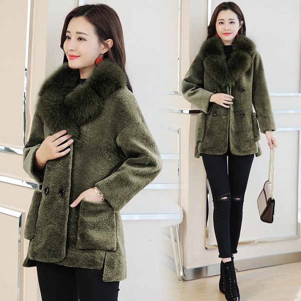 

faux fur coat 2018 winter women's large size cloak collars female plus size outerwears sheep sheared faux fur overcoat1, Black