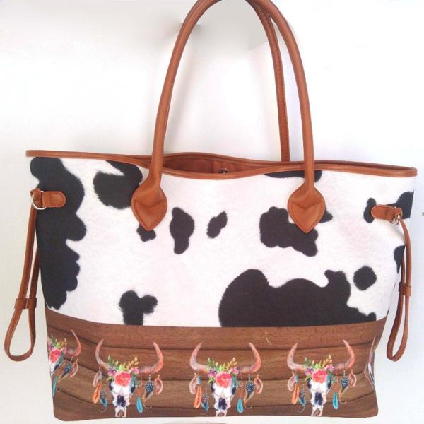 

cow stripes tote with cord trims, animal canvas serape bullskull design tote lined with pu handle trims dom1091226