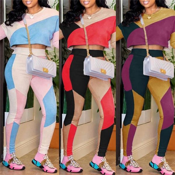 

ladies designer suits slim contrast color panelled pants sets womens clothing 2 piece set dropshipping autumn winter, White