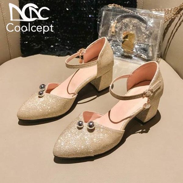 

coolcept толстые высокие каблуки обувь женщины новые пряжки металла pearls насосы обувь для леди мода остроконечные toe бусины обувь размер, Black