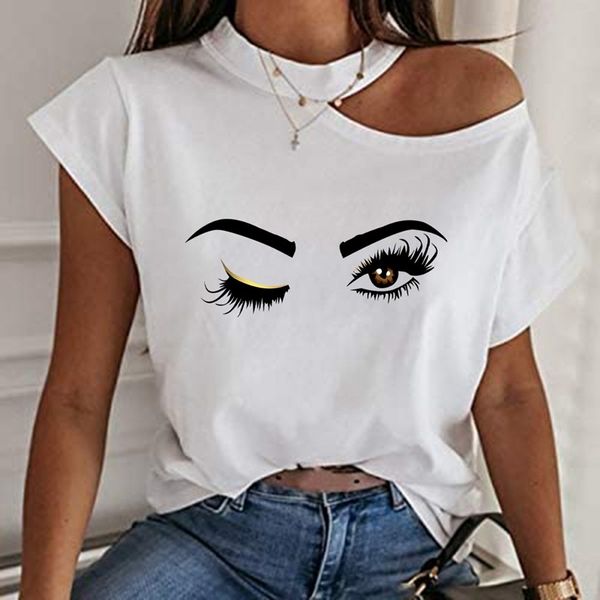 

2020 new women's summer hollow-out shoulder loose eye print short-sleeved 2020 new t-shirt women's summer hollow-out shoulder loos, White