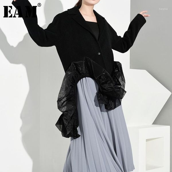 

eam] 2020 spring autumn woman black color long sleeve turn-down collar single button spliced mesh long wide-waisted coat le0041, Tan;black