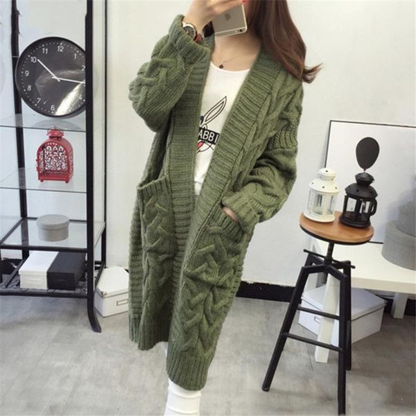 

2020 fashion twist knitted cardigan women's korean style loose mid-length pocket long pocket sweater, White