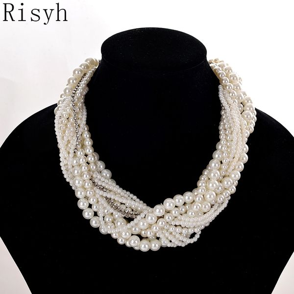 

risyh new fashion retro exaggerated multi-layer white pearl braided necklace y200730, Silver