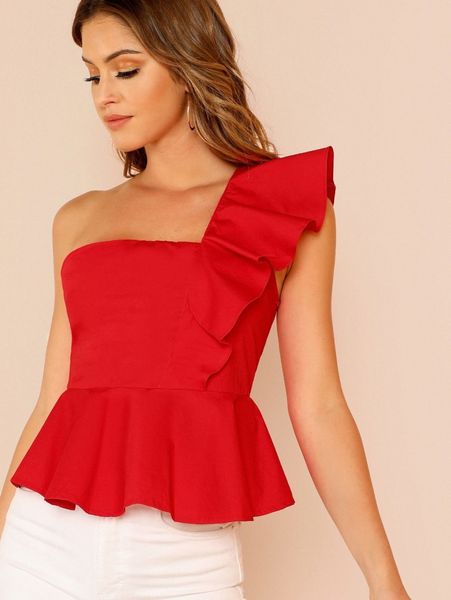 

ruffle trim one shoulder peplum r2io#, White