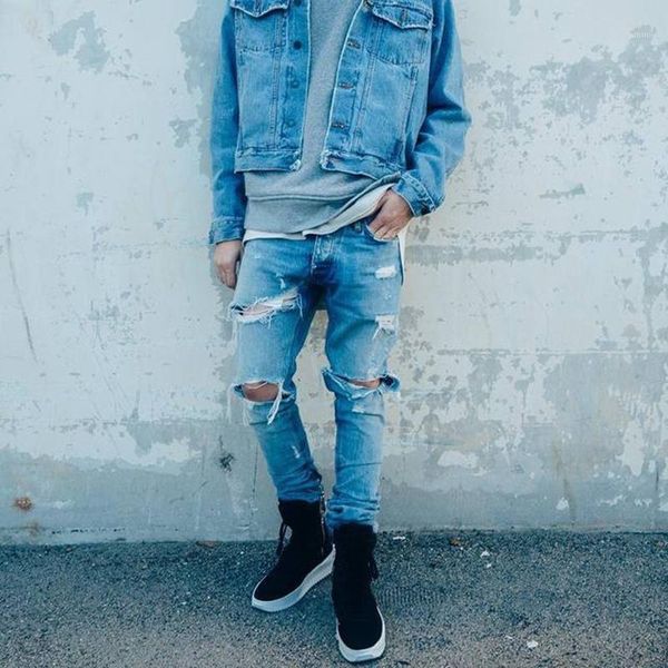 

fashion man jeans broken hole washed whiskers big damage zipper jeans, Blue
